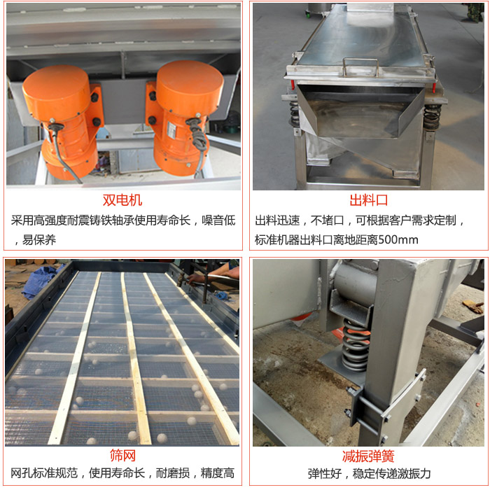 線振動篩配件優勢：雙電機采用高強度耐震鑄鐵軸承使用壽命長，噪音低，易保養，出料口：出料迅速，不堵口，可根據客戶需求定制標準機器出料口離地距離500mm。篩網：網孔標準規范，使用壽命長，耐磨損，精度高。減震彈簧彈性好，穩定傳遞激振力。
