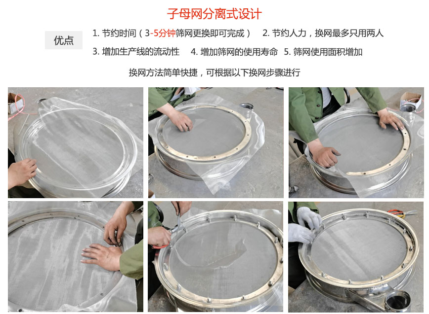 大漢振動機械換網優勢:1,節省時間(3-5分鐘篩網更換即可完成)2,節省人力,換網只有兩人。3.增加生產線的流暢性。4.增加篩網壽命,彈跳球不直接撞擊子網。5.篩網使用面積增加。