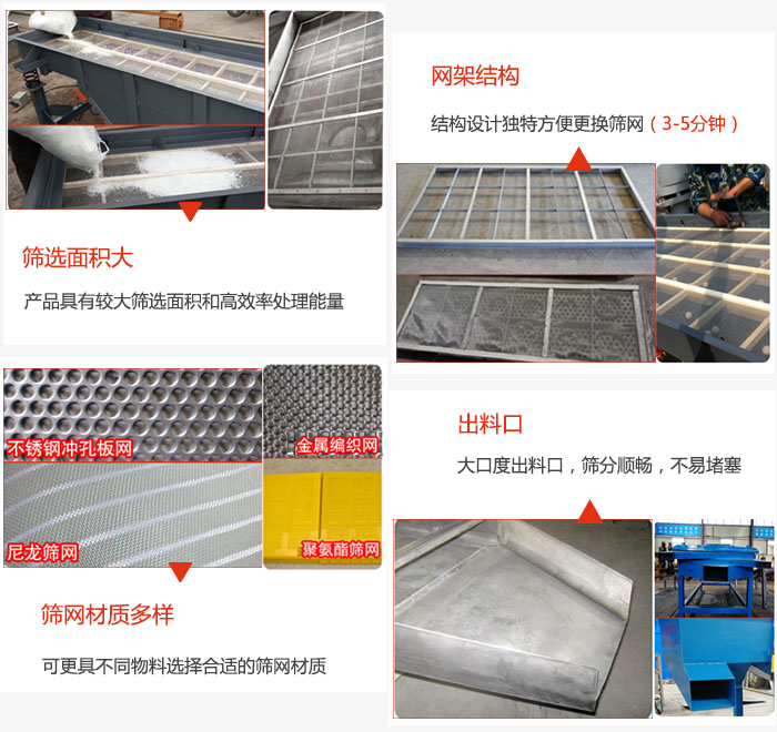 多層直線振動篩篩選面積大，網(wǎng)架結(jié)構(gòu)方便篩網(wǎng)更換，篩網(wǎng)可選：不銹鋼沖孔板，金屬編織，尼龍篩網(wǎng)，聚氨酯篩網(wǎng)等。