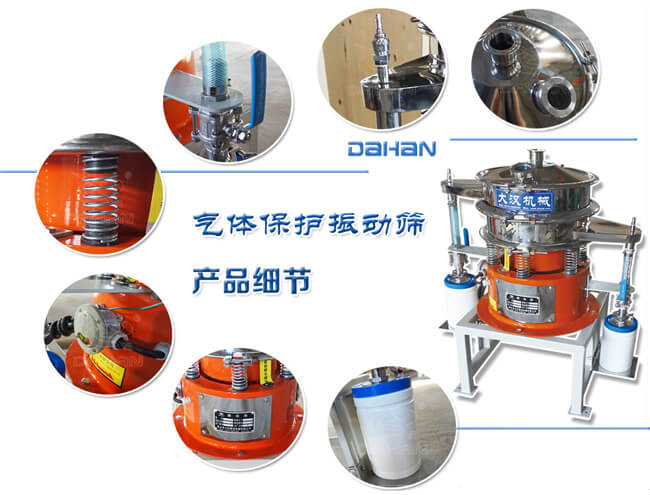 氣體保護(hù)振動(dòng)篩細(xì)節(jié)：振動(dòng)彈簧，手動(dòng)閥門，料罐等。