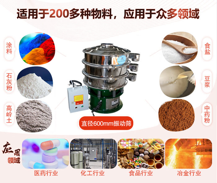 直徑600mm振動篩使用的行業(yè):醫(yī)藥行業(yè),公害處理,食品行業(yè),化工行業(yè)。